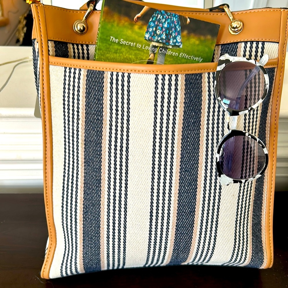 Jones NY Woven Canvas Kaki & Navy Stripped Multitask Tall Shoulder Tote Bag NWT
